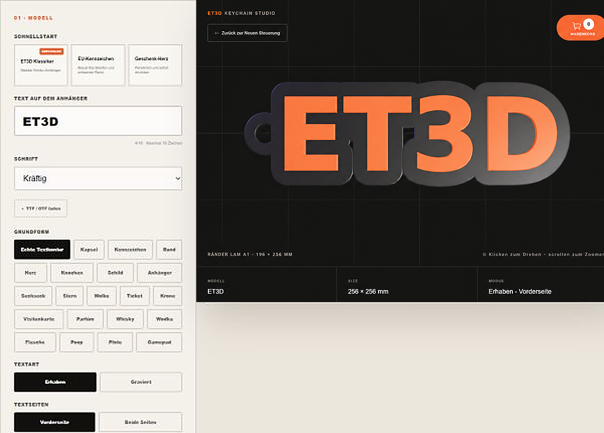ET3D Keychain Studio with an ET3D keychain in the live 3D preview